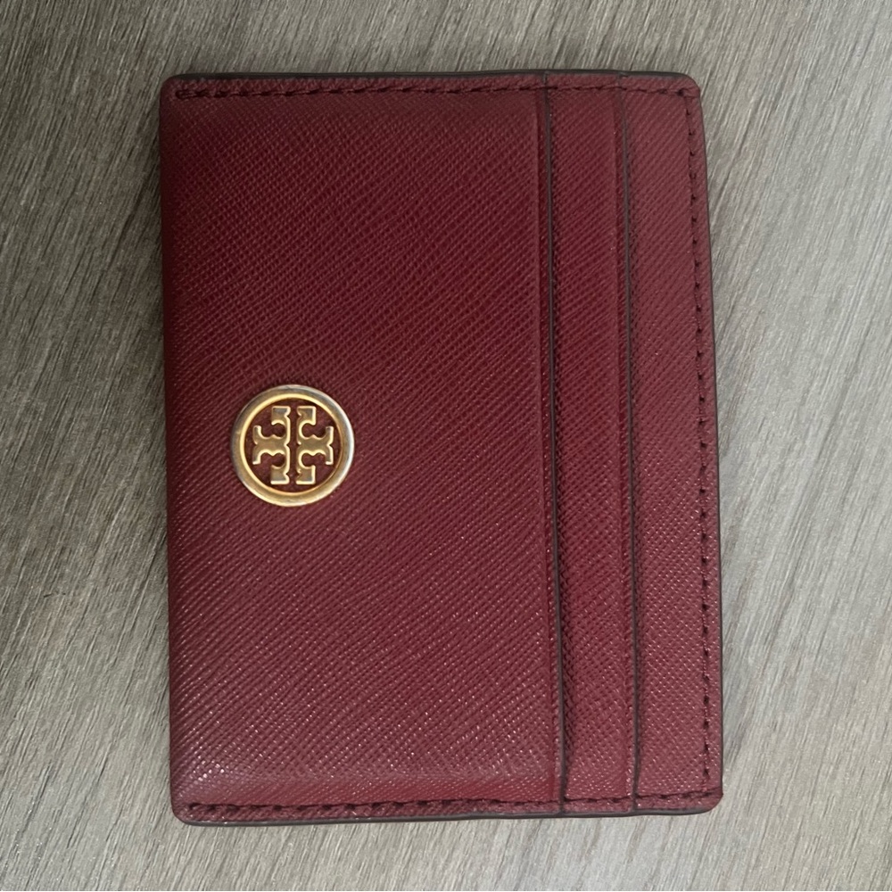 Tory Burch Burgundy Leather Card Holder with Gold Logo